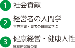 １．社会貢献／２．経営者の人間学－古典古書・賢者の遺訓に学ぶ／３．健康経営・健康人性－継続的発展の要